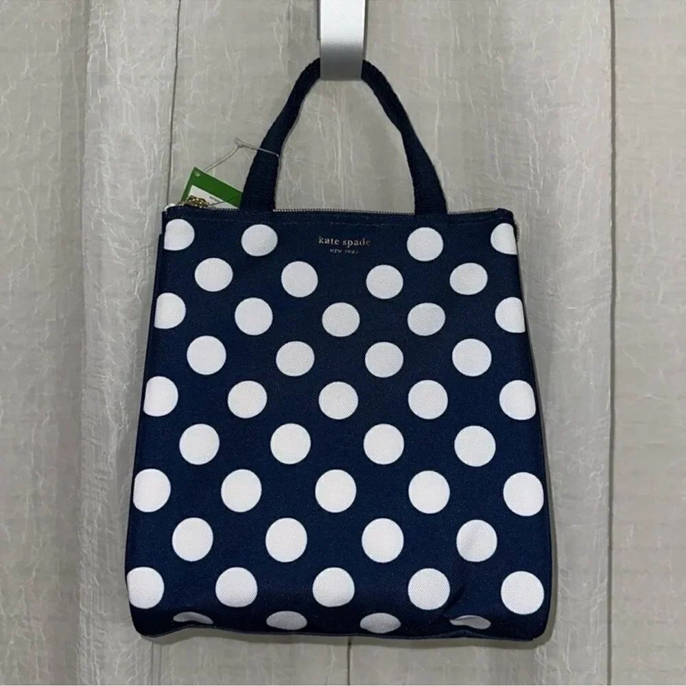 kate spade Navy White Jumbo Polka Dot Gold Tone Zip Lunch Bag